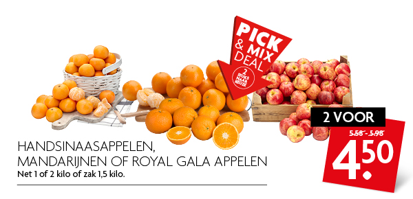 Handsinaasappelen, mandarijnen of Royal Gala appelen